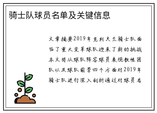骑士队球员名单及关键信息